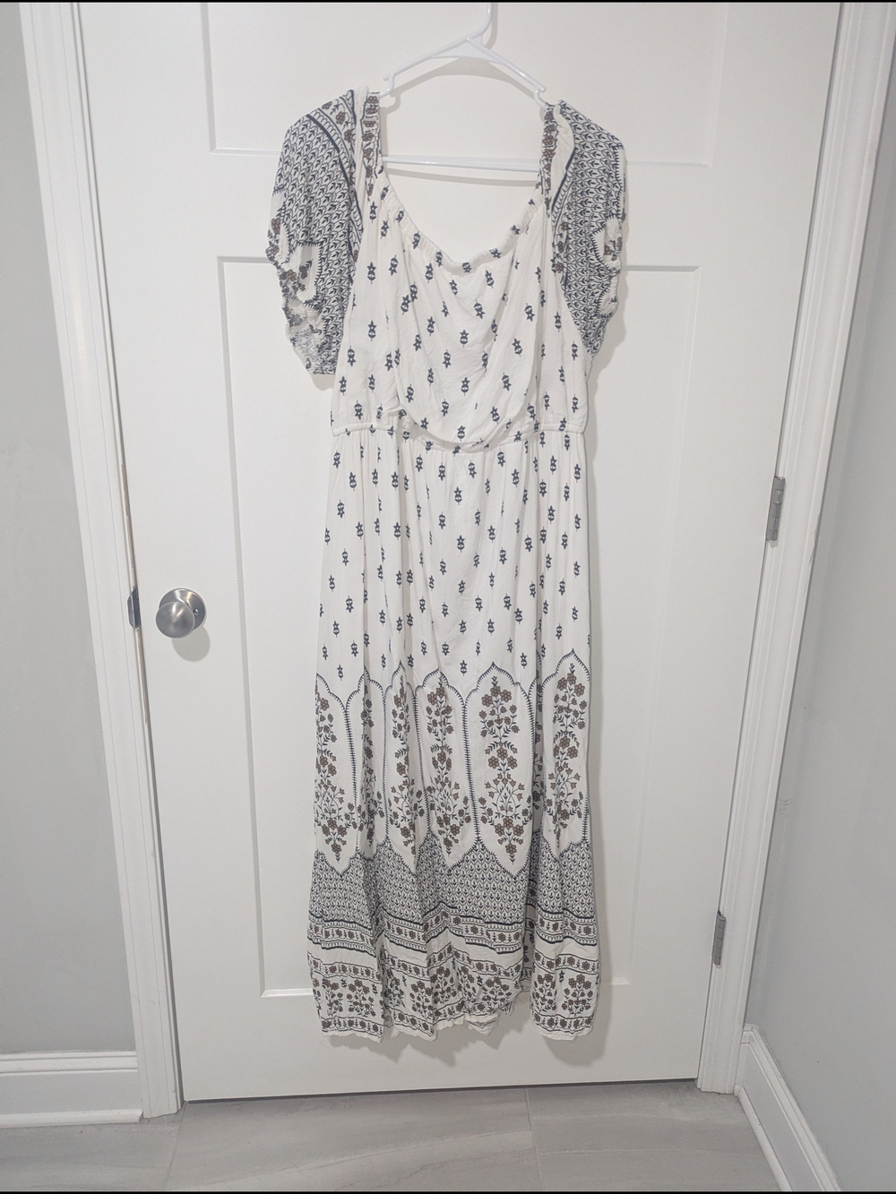 White Maxi Dress with Black Boho Print